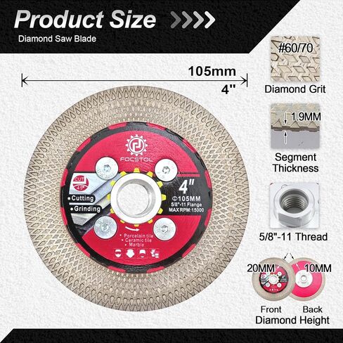 FOCSTOL Diamond Tile Saw Blade - 4.5''(115mm) Cutting & Grinding Disc Wheel for Porcelain Ceramic Tile Marble Granite Artificial Stone with X Mesh Rim for Angle Grinder in Kuwait