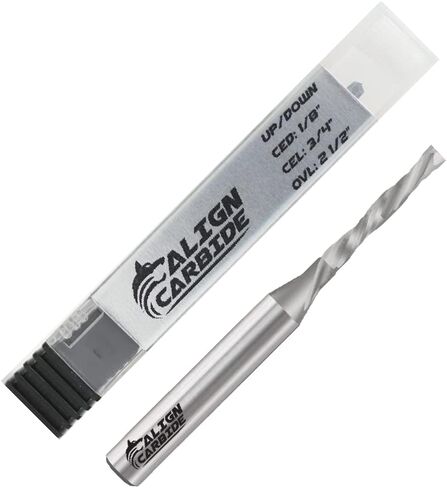 كربيد محاذاة، لقمة توجيه لأعلى لأسفل (ضغط)، قطر قطع 1/8 بوصة، ساق 1/4 بوصة، كربيد حبيبي صلب ممتاز، غطس حلزوني، 2 فلوت، وجه قطع مسطح، سلسلة Pro-Series لجهاز التوجيه CNC. in Kuwait