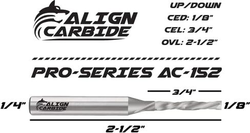كربيد محاذاة، لقمة توجيه لأعلى لأسفل (ضغط)، قطر قطع 1/8 بوصة، ساق 1/4 بوصة، كربيد حبيبي صلب ممتاز، غطس حلزوني، 2 فلوت، وجه قطع مسطح، سلسلة Pro-Series لجهاز التوجيه CNC. in Kuwait