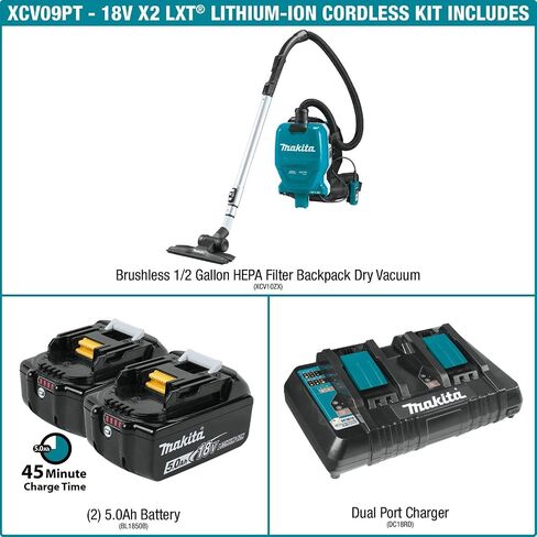 Makita XCV09PT 18V X2 LXT® Lithium-Ion (36V) Brushless Cordless 1/2 Gallon HEPA Filter Backpack Dry Vacuum Kit (5.0Ah) in Saudi Arabia