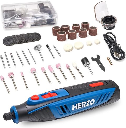هيرزو اداة دوارة لاسلكية 4 فولت، اداة دوارة مع مجموعة ملحقات من 53 قطعة، شحن USB و5 سرعات، اداة كهربائية متعددة الاغراض للحفر والنقش والتلميع والنحت والصنفرة والقطع in Kuwait