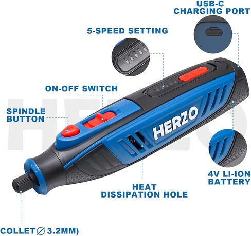 هيرزو اداة دوارة لاسلكية 4 فولت، اداة دوارة مع مجموعة ملحقات من 53 قطعة، شحن USB و5 سرعات، اداة كهربائية متعددة الاغراض للحفر والنقش والتلميع والنحت والصنفرة والقطع in Kuwait