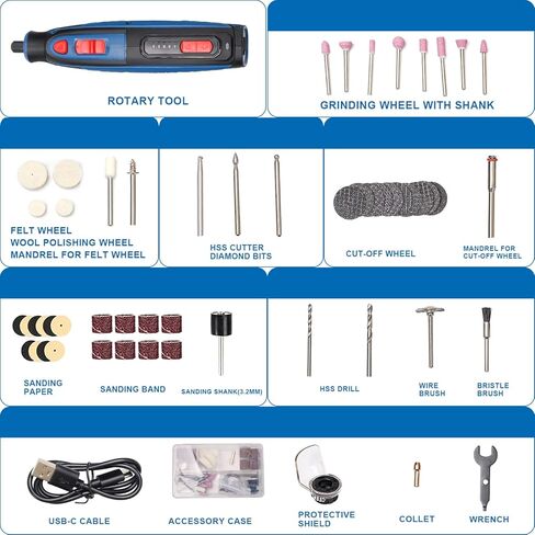 هيرزو اداة دوارة لاسلكية 4 فولت، اداة دوارة مع مجموعة ملحقات من 53 قطعة، شحن USB و5 سرعات، اداة كهربائية متعددة الاغراض للحفر والنقش والتلميع والنحت والصنفرة والقطع in Kuwait