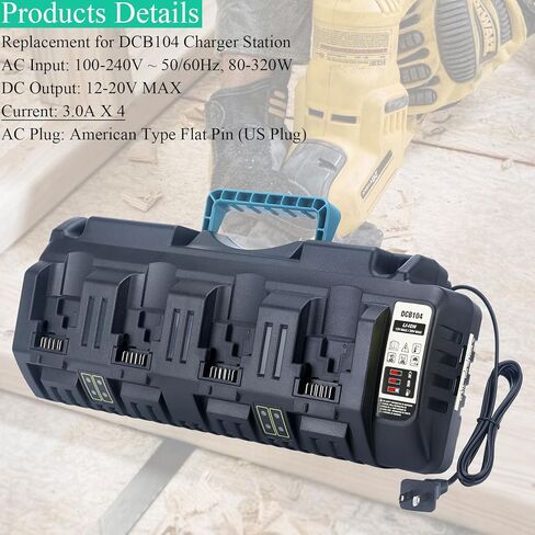 Lasica DCB104 استبدال شاحن سريع بأربعة منافذ لمحطة شحن البطاريات De-Walt DCB104، متوافق مع De-Walt 12V و20V/60V Max DCB3244 DCB206 DCB204 DCB203 DCB606 حزم بطاريات الأدوات اللاسلكية in Kuwait