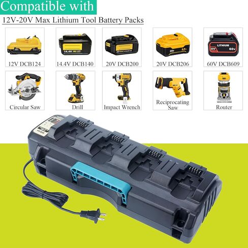 Lasica DCB104 استبدال شاحن سريع بأربعة منافذ لمحطة شحن البطاريات De-Walt DCB104، متوافق مع De-Walt 12V و20V/60V Max DCB3244 DCB206 DCB204 DCB203 DCB606 حزم بطاريات الأدوات اللاسلكية in Kuwait