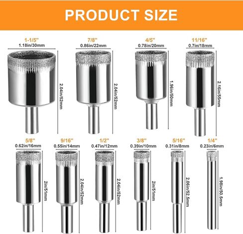 JuWangYing Diamond Drill Bits, 10 Pcs Glass Drill Bits, Diamond Hole Saw Kit, Tile Hole Saw for Ceramic Tile Porcelain Marble Stone Bottles - 1/4" 5/16" 3/8" 1/2" 9/16" 5/8" 11/16" 4/5" 7/8" 1-1/5" in Kuwait