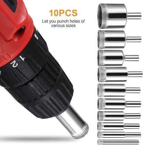 JuWangYing Diamond Drill Bits, 10 Pcs Glass Drill Bits, Diamond Hole Saw Kit, Tile Hole Saw for Ceramic Tile Porcelain Marble Stone Bottles - 1/4" 5/16" 3/8" 1/2" 9/16" 5/8" 11/16" 4/5" 7/8" 1-1/5" in Kuwait