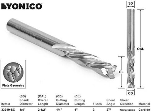 YONICO CNC Compression Bit 3 Flute Spiral End Mill Router Bit 1/2-Inch Dia. 1/2-Inch Shank 33330-SC in Saudi Arabia