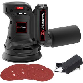 Powertough SA002 ماكينة سنفرة مدارية عشوائية لاسلكية 20 فولت، سرعة 6 خطوات مع بطارية 2.0 أمبير وشاحن سريع قطعة واحدة عجلة سنفرة 125 و6 قطع ورق سنفرة 125 مم مع كيس غبار in Kuwait