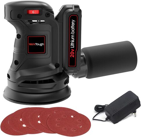 Powertough SA002 ماكينة سنفرة مدارية عشوائية لاسلكية 20 فولت، سرعة 6 خطوات مع بطارية 2.0 أمبير وشاحن سريع قطعة واحدة عجلة سنفرة 125 و6 قطع ورق سنفرة 125 مم مع كيس غبار in Kuwait