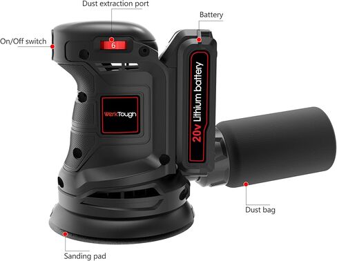 Powertough SA002 ماكينة سنفرة مدارية عشوائية لاسلكية 20 فولت، سرعة 6 خطوات مع بطارية 2.0 أمبير وشاحن سريع قطعة واحدة عجلة سنفرة 125 و6 قطع ورق سنفرة 125 مم مع كيس غبار in Kuwait
