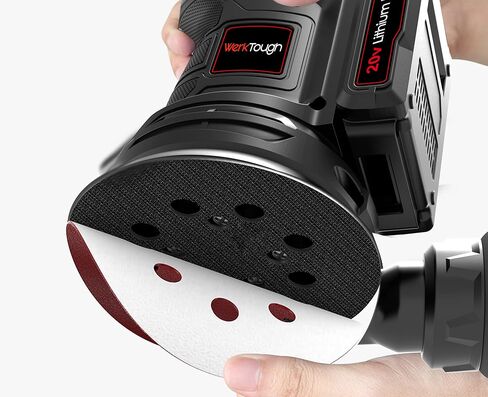 Powertough SA002 ماكينة سنفرة مدارية عشوائية لاسلكية 20 فولت، سرعة 6 خطوات مع بطارية 2.0 أمبير وشاحن سريع قطعة واحدة عجلة سنفرة 125 و6 قطع ورق سنفرة 125 مم مع كيس غبار in Kuwait