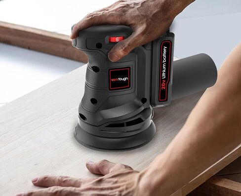 Powertough SA002 ماكينة سنفرة مدارية عشوائية لاسلكية 20 فولت، سرعة 6 خطوات مع بطارية 2.0 أمبير وشاحن سريع قطعة واحدة عجلة سنفرة 125 و6 قطع ورق سنفرة 125 مم مع كيس غبار in Kuwait