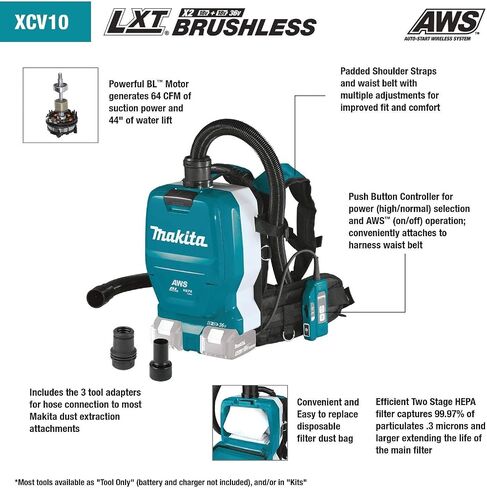 Makita XCV10ZX 18V X2 LXT® Lithium-Ion (36V) Brushless Cordless 1/2 Gallon HEPA Filter Backpack Dry Dust Extractor, AWS™ Capable, Tool Only in Saudi Arabia