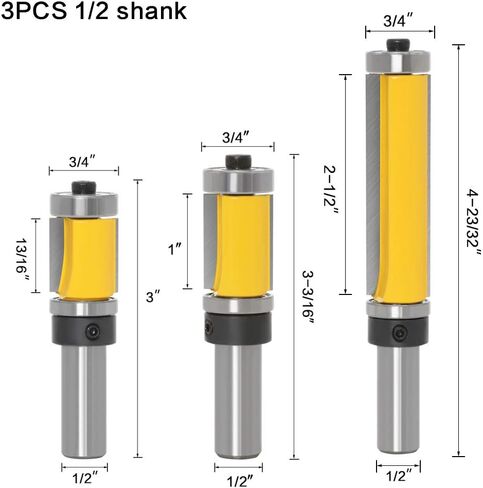 WSOOX 3 قطعة فلوش تقليم راوتر بت مجموعة 1/2 عرقوب العلوي والسفلي تحمل دافق تقليم راوتر بت مزدوج تحمل الموجهة بت التوجيه in Kuwait