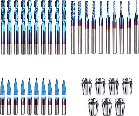 SainSmart Genmitsu Nano Blue Coat End Mill CNC Router Bits مجموعة أساسية، 3 صناديق لقم التوجيه (30 بت) وصندوق واحد ER11 مجموعة أطواق زنبركية in Saudi Arabia