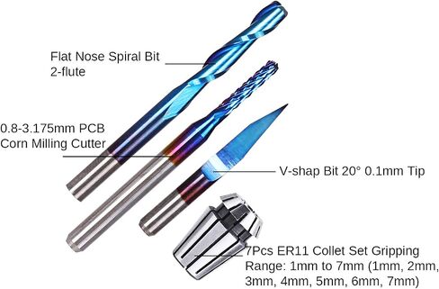 SainSmart Genmitsu Nano Blue Coat End Mill CNC Router Bits مجموعة أساسية، 3 صناديق لقم التوجيه (30 بت) وصندوق واحد ER11 مجموعة أطواق زنبركية in Saudi Arabia