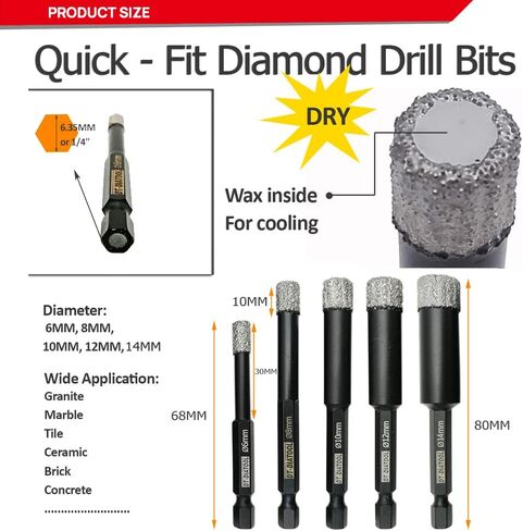 DT-DIATOOL Dry Diamond Drill Bits 1/2 Inch 2pcs for Tile Porcelian Marble with Quick-fit Hex Shank in Saudi Arabia