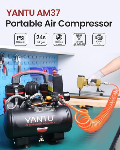 يانتو ضاغط هواء، مكبس بدون زيت 3 لتر 1.2 حصان، ضاغط هواء صغير صامت خالٍ من الزيوت 150 باوند لكل انش مربع in Kuwait