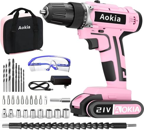 مجموعة مثقاب كهربائي لاسلكي من اوكيا - مثقاب كهربائي 21 فولت مع بطارية، ظرف بدون مفتاح 3/8 انش، سرعتان متغيرتان، 33 قطعة من لقم المثقاب/المفك للجدار والخشب والمعدن في شنطة محمولة in Kuwait