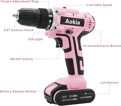 مجموعة مثقاب كهربائي لاسلكي من اوكيا - مثقاب كهربائي 21 فولت مع بطارية، ظرف بدون مفتاح 3/8 انش، سرعتان متغيرتان، 33 قطعة من لقم المثقاب/المفك للجدار والخشب والمعدن في شنطة محمولة in Kuwait