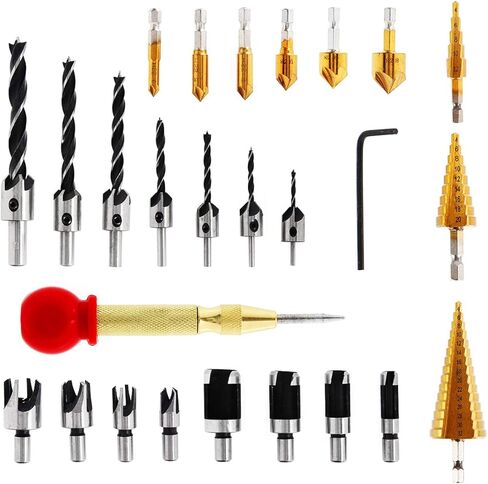 أدوات حفر الشطب الخشبية من WICHEMI مكونة من 26 قطعة - 6 لقم ثقب غاطسة، و7 لقمة ثقب غاطسة ثلاثية المدببة مع مفتاح ربط على شكل حرف L، و8 قطع قابس خشبية، وريشة ثقب ثلاثية الخطوات، ولكمة مركزية تلقائية in Kuwait