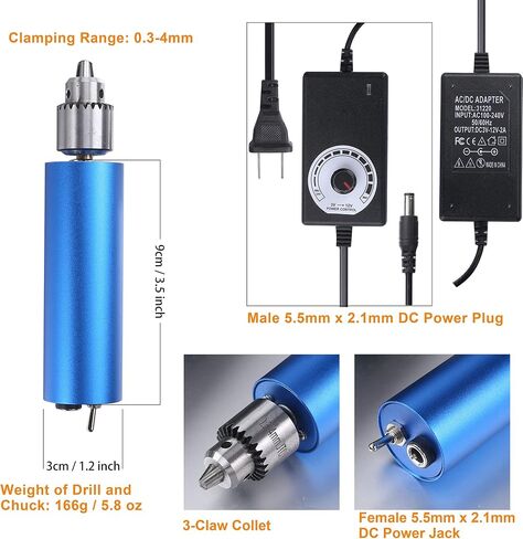 PlusRoc 0.3-4 مم مثقاب كهربائي صغير مع محول طاقة للتحكم في السرعة 3-12 فولت تيار مستمر، مثقاب محمول محمول لصياغة راتنج PCB in Kuwait