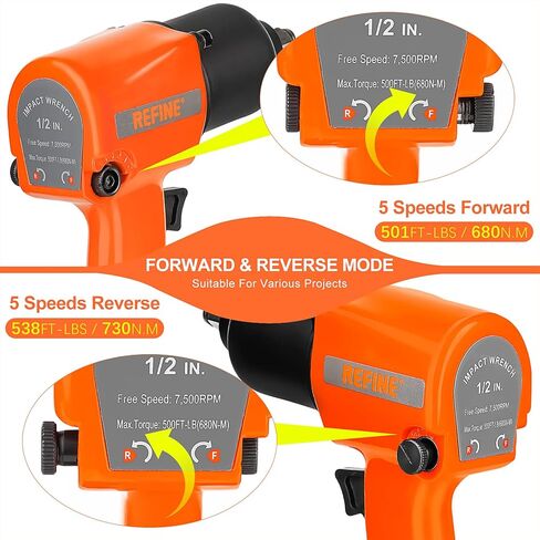 REFINE Air Impact Wrench 1/2 Inch, 10-Speeds Pneumatic Square Drive Heavy Duty 538ft-Lbs Max Loosening Torque Pneumatic Impact Wrench, Twin Hammer 7500RPM Impact Gun for Auto Repairs and Maintenance. in Kuwait