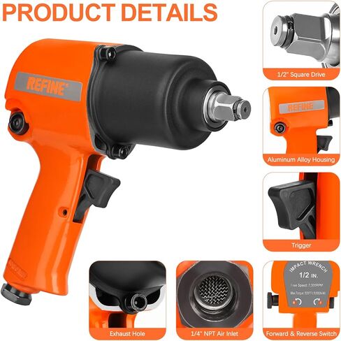 REFINE Air Impact Wrench 1/2 Inch, 10-Speeds Pneumatic Square Drive Heavy Duty 538ft-Lbs Max Loosening Torque Pneumatic Impact Wrench, Twin Hammer 7500RPM Impact Gun for Auto Repairs and Maintenance. in Kuwait