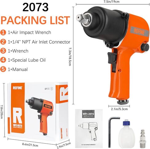 REFINE Air Impact Wrench 1/2 Inch, 10-Speeds Pneumatic Square Drive Heavy Duty 538ft-Lbs Max Loosening Torque Pneumatic Impact Wrench, Twin Hammer 7500RPM Impact Gun for Auto Repairs and Maintenance. in Kuwait