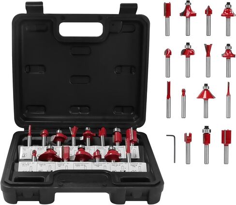 دي وينر طقم لقم راوتر 15 قطعة 1/4 انش لاعمال النجارة مع حافظة بلاستيكية بما في ذلك لقم راوتر مشطوفة in Kuwait