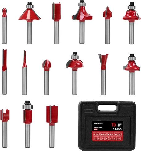دي وينر طقم لقم راوتر 15 قطعة 1/4 انش لاعمال النجارة مع حافظة بلاستيكية بما في ذلك لقم راوتر مشطوفة in Kuwait