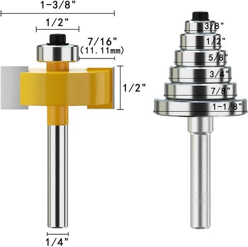 1/2 Inch Shank Rabbet Router Bit with 6 Bearings Set -1/8", 1/4", 5/16", 3/8", 7/16", 1/2" Interchangeable Bearings for Solid Wood Particle Board Plywood in Saudi Arabia