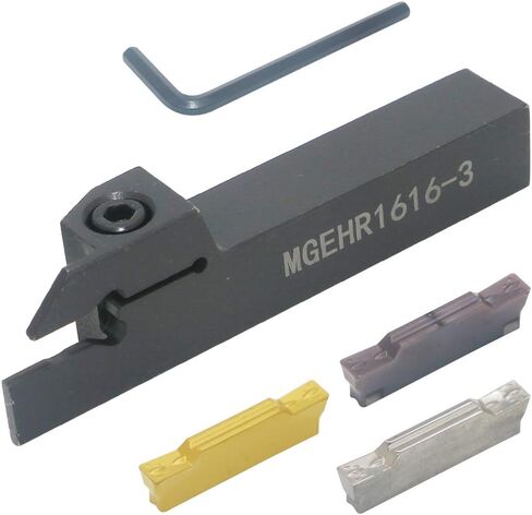حامل أدوات الحز للمخرطة CNC MGEHR1616-3 (0.63 بوصة)، مع ثلاث شفرات من الكربيد الأسمنتي MGMN300. فولاذ معالج باللون الأصفر، وفولاذ مقاوم للصدأ معالج باللون الفوشيا، وسبائك ألومنيوم معالجة بالفضة. (3 مم) in Saudi Arabia