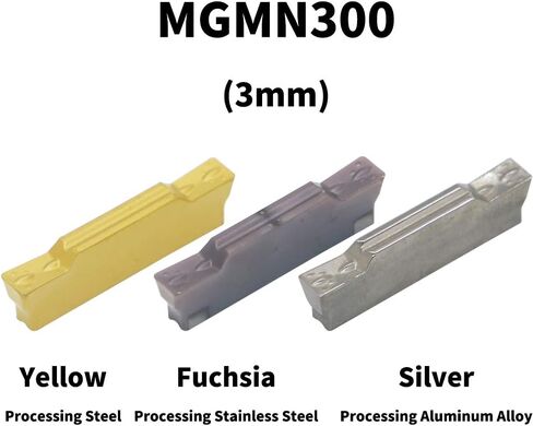 حامل أدوات الحز للمخرطة CNC MGEHR1616-3 (0.63 بوصة)، مع ثلاث شفرات من الكربيد الأسمنتي MGMN300. فولاذ معالج باللون الأصفر، وفولاذ مقاوم للصدأ معالج باللون الفوشيا، وسبائك ألومنيوم معالجة بالفضة. (3 مم) in Saudi Arabia