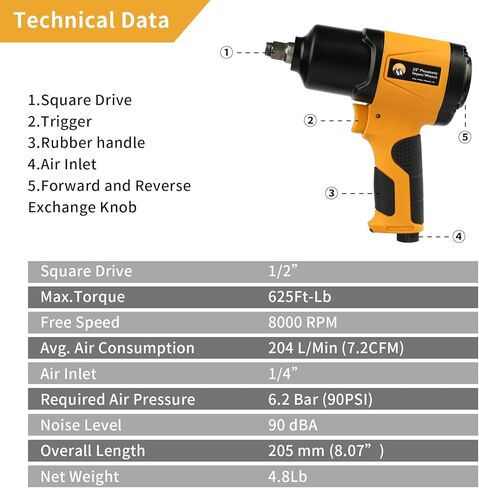 ZaraApex ½’’ Drive Air Impact Wrench, 625 ft.lb Torque Output for Changing Tires and Auto Repair in Kuwait