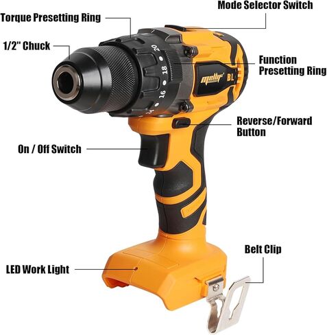 مفك مثقاب لاسلكي من Mellif متوافق مع بطارية Dewalt 20V بحد أقصى (البطارية غير متضمنة)، ظرف بدون مفتاح 1/2 بوصة، سرعتان، بحد أقصى 1950 دورة في الدقيقة، مثقاب كهربائي بدون فرش مع مجموعة لقم 16 قطعة، ضوء LED، مشبك حزام in Kuwait