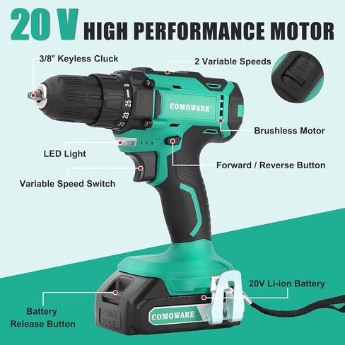 كومو وير مثقاب لاسلكي 20 فولت، مجموعة مثقاب كهربائي مع بطارية واحدة وشاحن in Kuwait