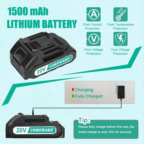 كومو وير مثقاب لاسلكي 20 فولت، مجموعة مثقاب كهربائي مع بطارية واحدة وشاحن in Kuwait