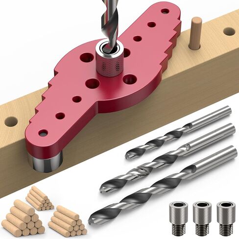 Preciva Self Centering Dowel Jig Kit, Drill Guide for Straight Holes Woodworking Tools with Drill Bit Set 1/4", 5/16", 3/8" and Drill Bit Stop Collar Set, Drill Jig for Hand Tools in Kuwait