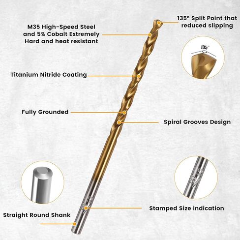 مجموعة رؤوس مثقاب كوبالت مكونة من 15 قطعة من Mulwark M35 - مجموعة رؤوس مثقاب معدنية مطلية بنيتريد التيتانيوم للصلب الصلب أو البلاستيك أو الخشب (3/16 - بوصة) in Kuwait