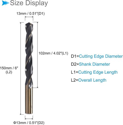 Twist Drill Bits, 12mm Cutting Edge, Titanium & Nitride Coated High Speed Steel 4341 Round Shank - (Applications: for Stainless Steel Drilling Machine), 1-Piece in Saudi Arabia