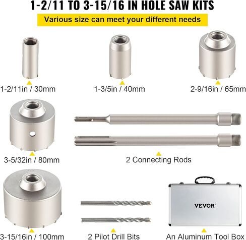 VEVOR Concrete Hole Saw Kit, 1-2/11", 1-3/5", 2-9/16", 3-5/32", 3-15/16" Drill Bit Set SDS Plus & SDS MAX Shank Wall Hole Cutter w/a 4-1/3" Connecting Rod for Concrete, Cement, Stone Wall, Masonry in Saudi Arabia