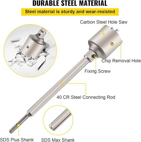 VEVOR Concrete Hole Saw Kit, 1-2/11", 1-3/5", 2-9/16", 3-5/32", 3-15/16" Drill Bit Set SDS Plus & SDS MAX Shank Wall Hole Cutter w/a 4-1/3" Connecting Rod for Concrete, Cement, Stone Wall, Masonry in Saudi Arabia