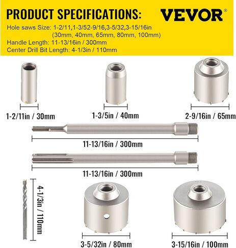 VEVOR Concrete Hole Saw Kit, 1-2/11", 1-3/5", 2-9/16", 3-5/32", 3-15/16" Drill Bit Set SDS Plus & SDS MAX Shank Wall Hole Cutter w/a 4-1/3" Connecting Rod for Concrete, Cement, Stone Wall, Masonry in Saudi Arabia