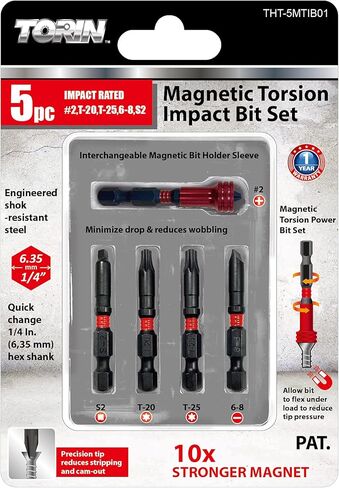 Torin Impact Screwdriver Bit Set,5 Pcs Hex Hand 1/4 Inch Metric Drill Bits,50mm Length Resistant Steel With Magnetic Head,Phillips 2, S2,T20 T25 Torx Bit,Slotted 6-8,THT-5MTIB01 in Kuwait
