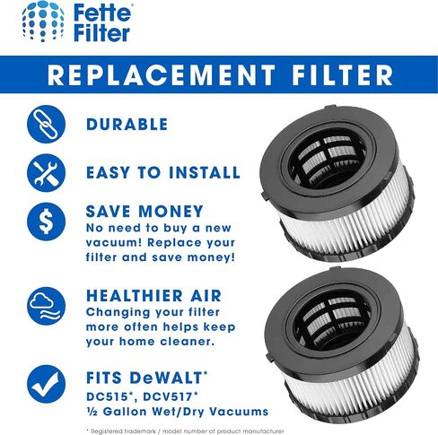 Fette Filter -DC5151H HEPA Filter Compatible with DEWALT Wet Dry Vacuum Models DC515 DCV517 DCV517B Part # DC5151H includes 2 replacement filters. in Saudi Arabia