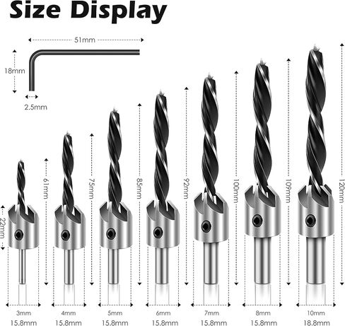 Werkzeug Countersink Drill Bits Set- 7Pcs Counter Sink Bit for Wood High Speed Steel, Woodworking Carpentry Reamer With 1 Free Hex Key Wrench in Saudi Arabia
