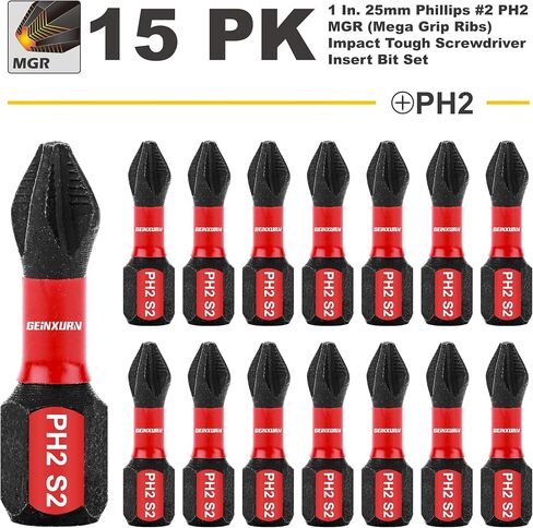 Geinxurn Impact Tough #2 Phillips 6 بوصة. لقم سائق إدراج رأس مضادة للانزلاق، 5 عبوات 1/4 بوصة سداسية ساق طويلة متقاطعة مغناطيسية PH2 مجموعة لقم مفك براغي in Kuwait
