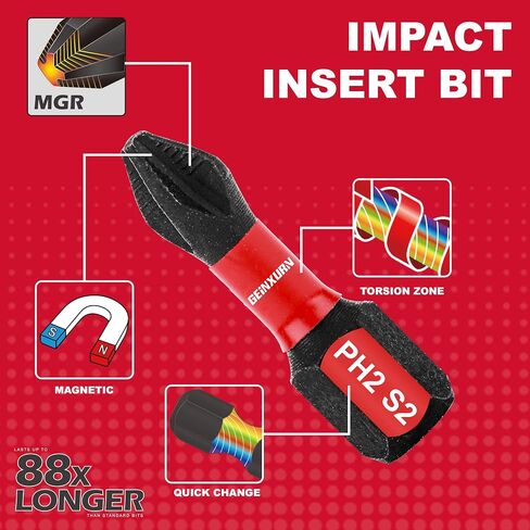 Geinxurn Impact Tough #2 Phillips 6 بوصة. لقم سائق إدراج رأس مضادة للانزلاق، 5 عبوات 1/4 بوصة سداسية ساق طويلة متقاطعة مغناطيسية PH2 مجموعة لقم مفك براغي in Kuwait